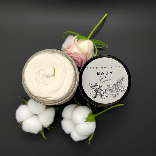 Baby Bloom whipped body butter in a 4oz jar, ultra-hydrating cream for soft, glowing skin