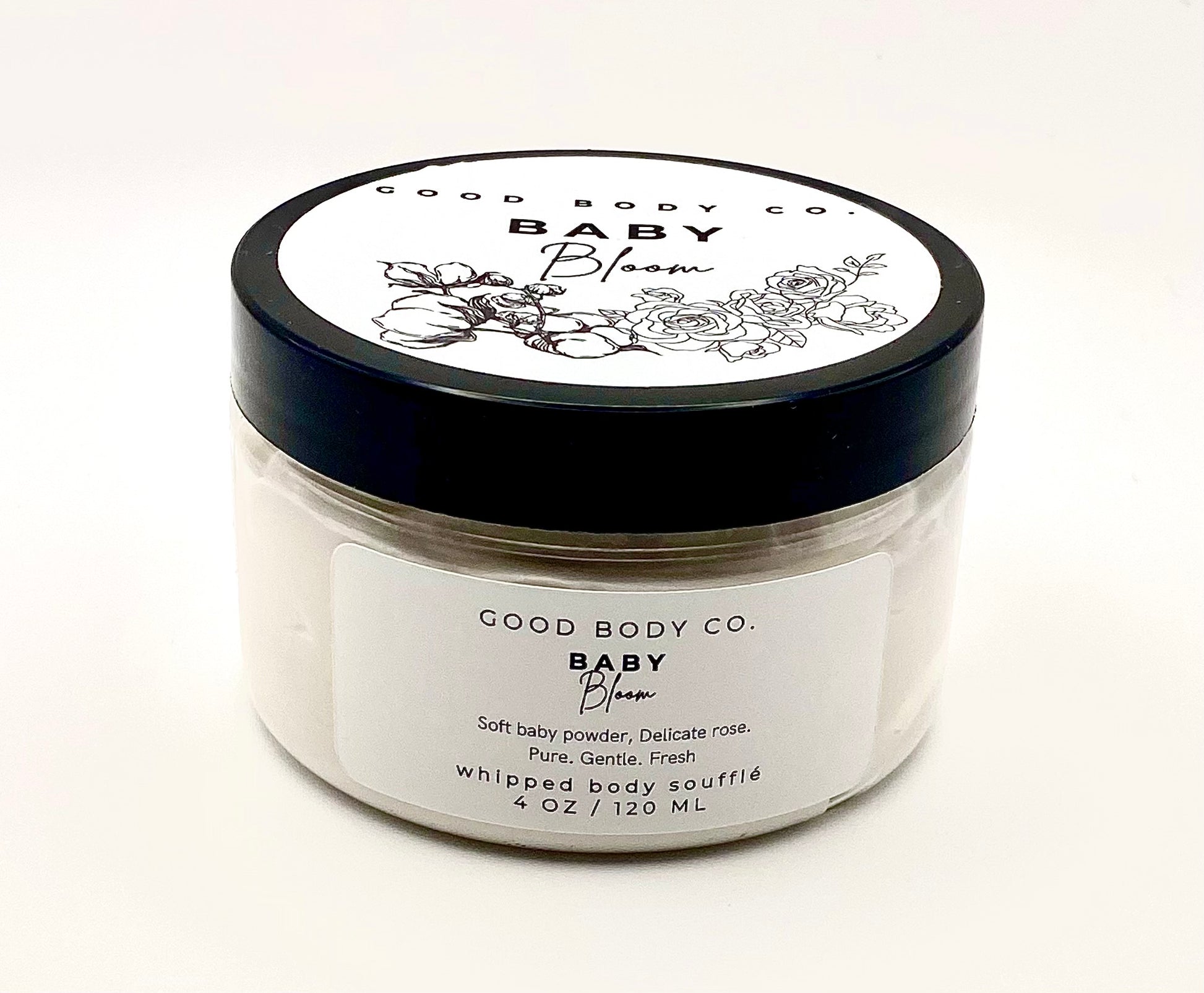 Whipped body butter for soft glowing skin with shea butter, floral baby scent, and fast absorption