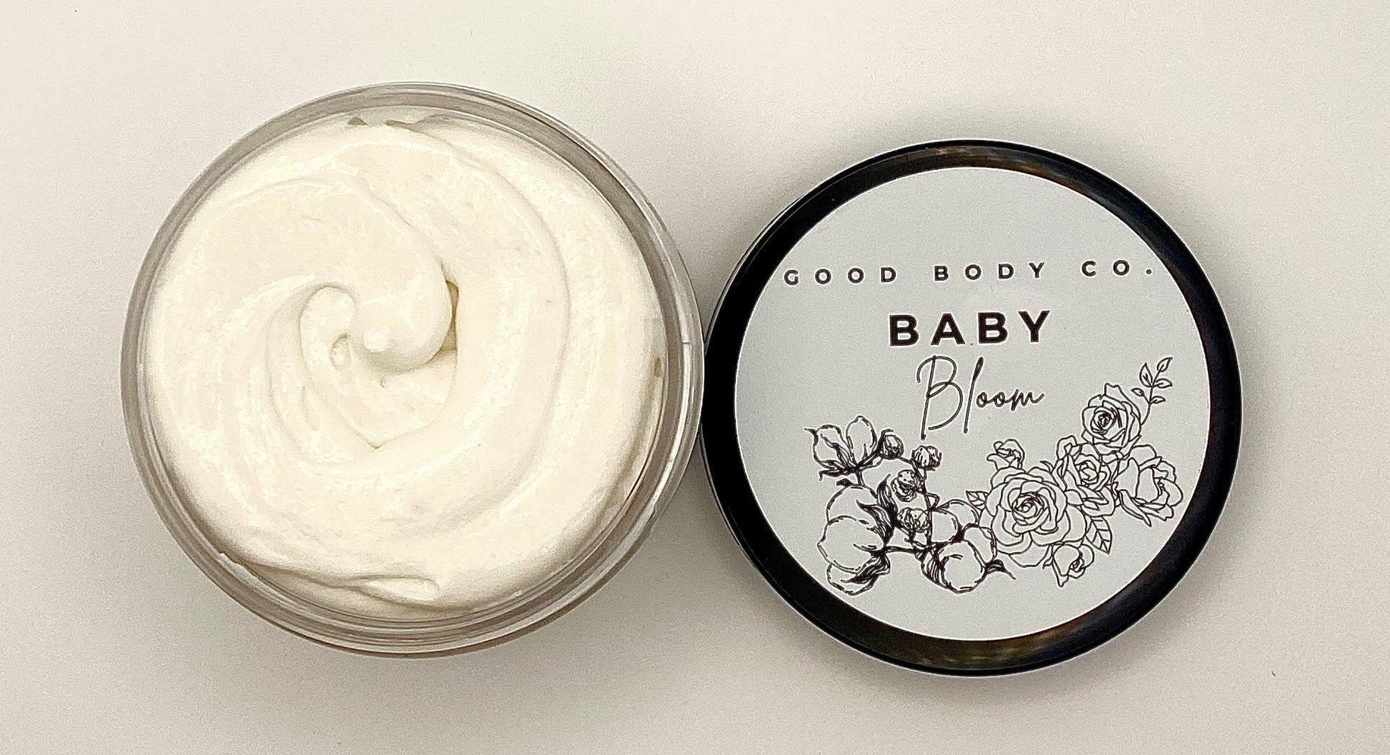Whipped body butter for soft glowing skin with shea butter, floral baby scent, and fast absorption