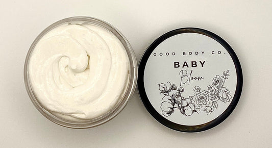 Whipped body butter for soft glowing skin with shea butter, floral baby scent, and fast absorption