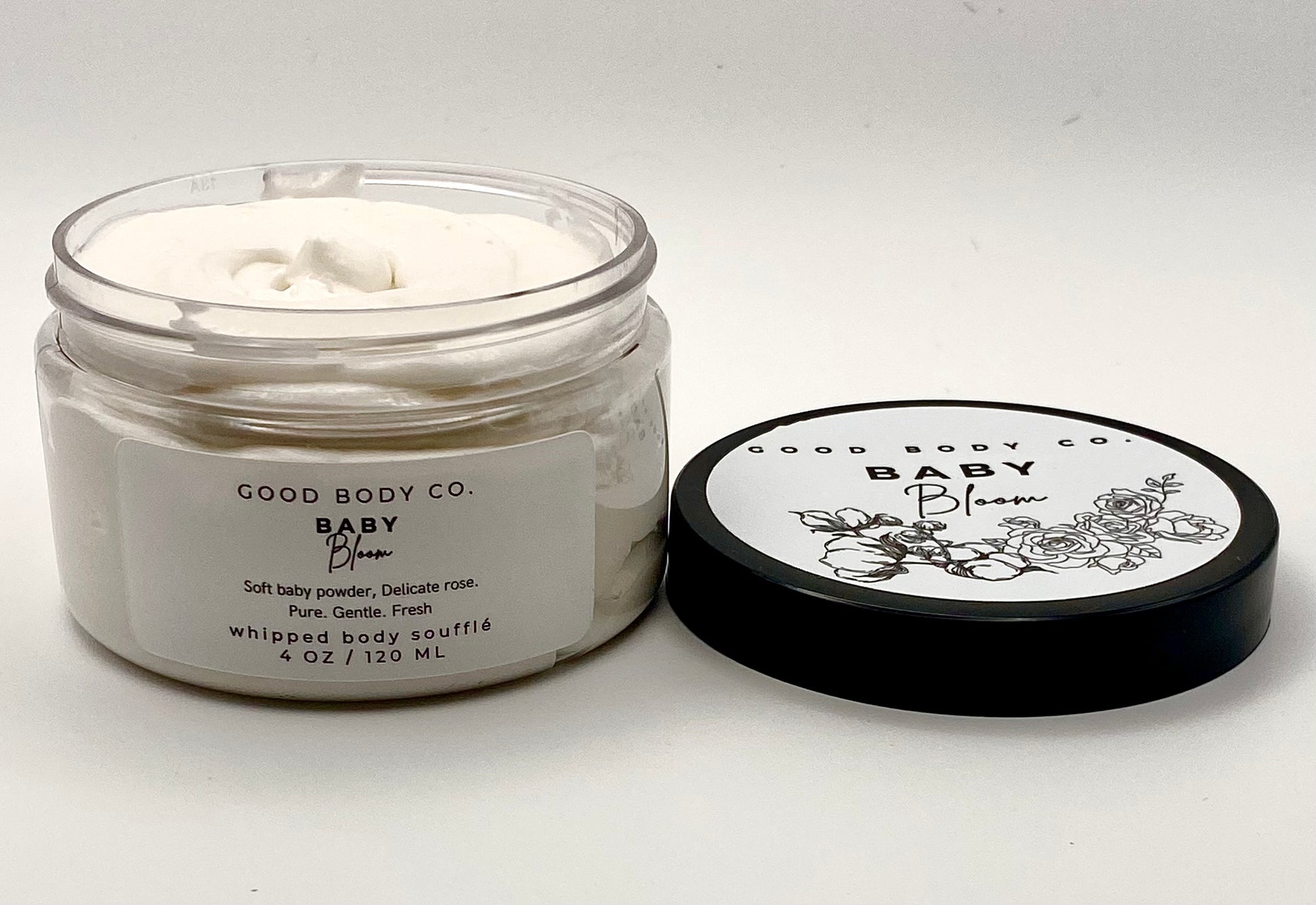 Whipped body butter for soft glowing skin with shea butter, floral baby scent, and fast absorption