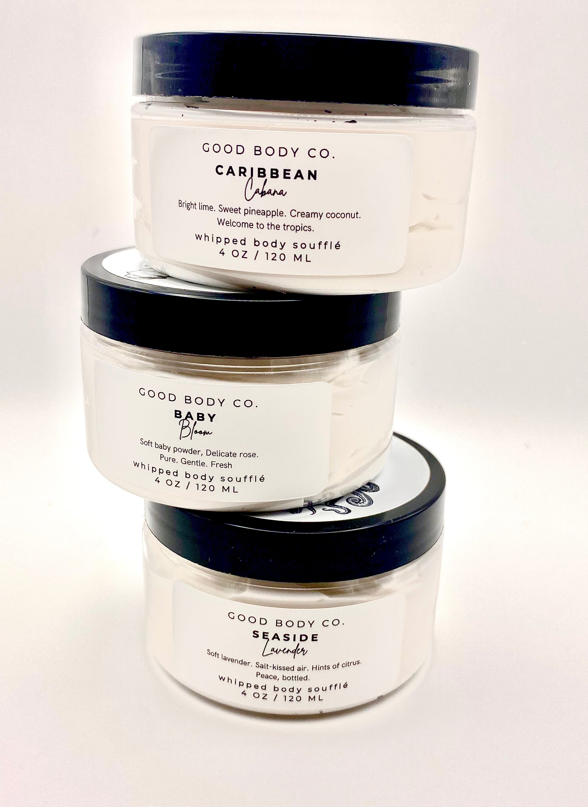 Whipped body butter trio with floral, tropical, and lavender scents for soft, glowing hydrated skin