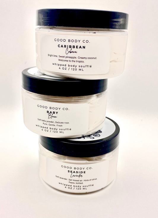 Whipped body butter trio with floral, tropical, and lavender scents for soft, glowing hydrated skin
