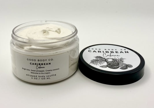 Whipped tropical body butter with coconut and pineapple scent for soft, smooth, glowing skin