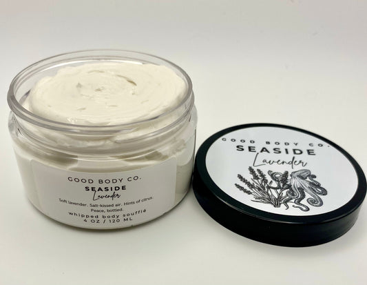 Lavender body butter with whipped texture for soft, hydrated skin and a clean coastal scent