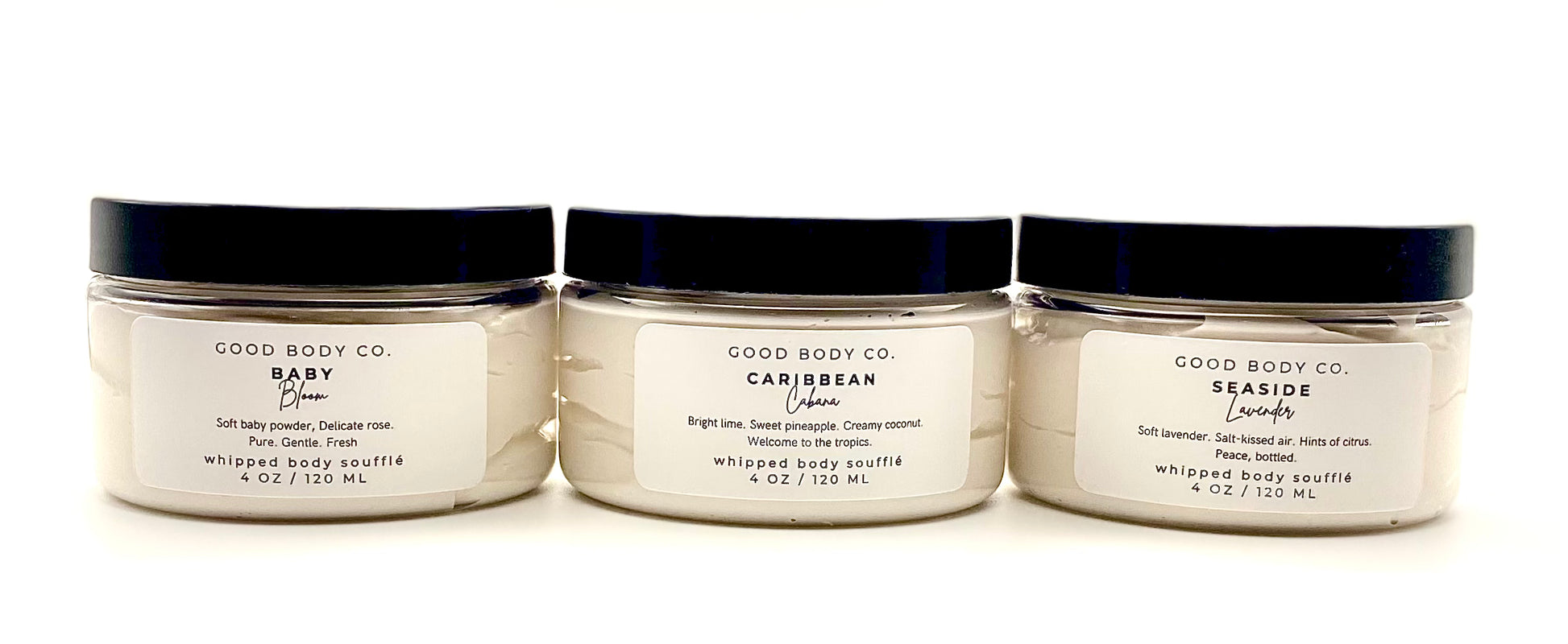 Whipped body butter trio with floral, tropical, and lavender scents for soft, glowing hydrated skin