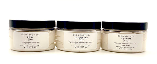 Whipped body butter trio with floral, tropical, and lavender scents for soft, glowing hydrated skin