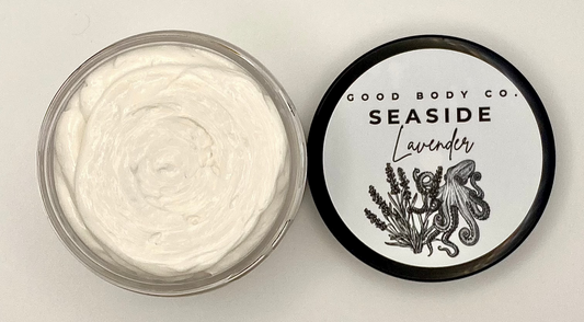 Lavender body butter with whipped texture for soft, hydrated skin and a clean coastal scent