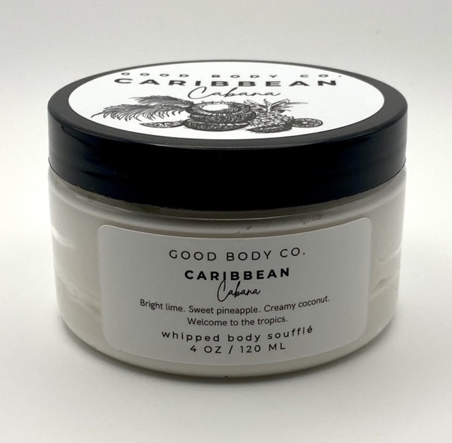 Whipped tropical body butter with coconut and pineapple scent for soft, smooth, glowing skin